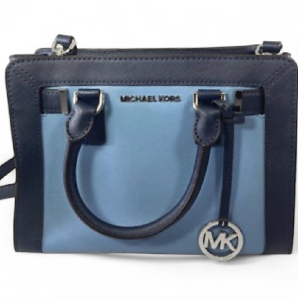Michael Kors Corner Frame Dillon East West Leather sky steel blue satchel